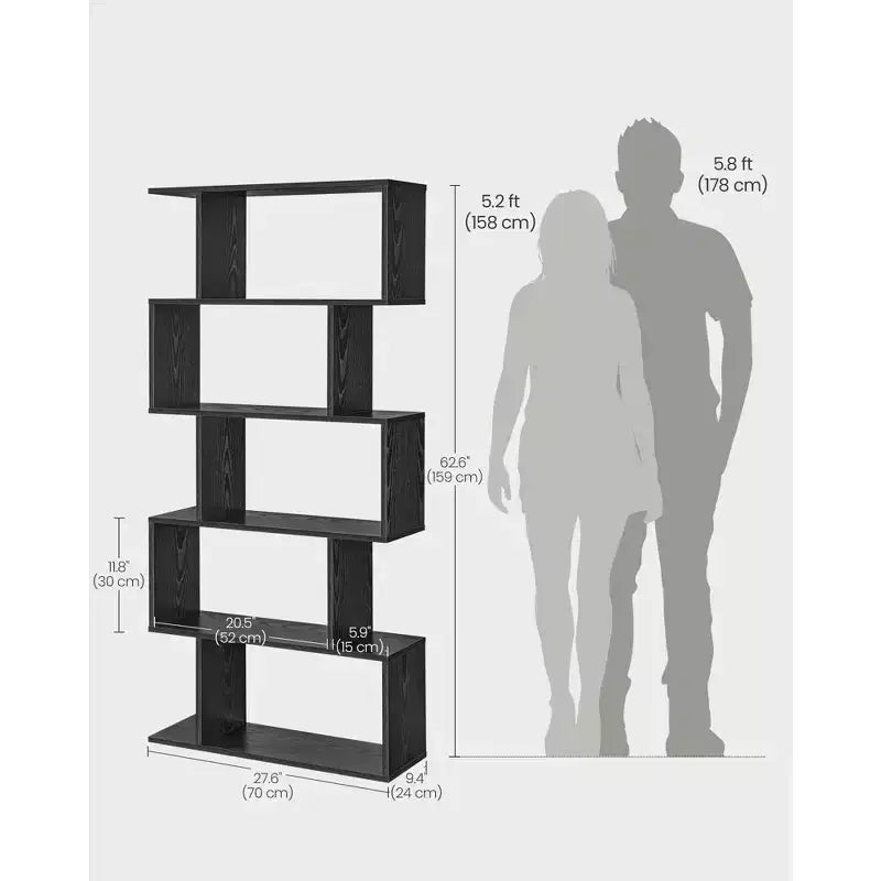 Étagère à 5 niveaux, Bibliothèque en forme de S, Étagère de rangement et de présentation, Séparateur de pièce autoportant, pour Bureau, Salon, Chambre à coucher