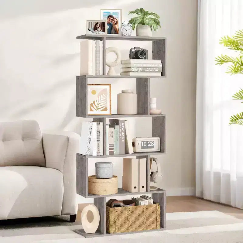 Étagère à 5 niveaux, Bibliothèque en forme de S, Étagère de rangement et de présentation, Séparateur de pièce autoportant, pour Bureau, Salon, Chambre à coucher