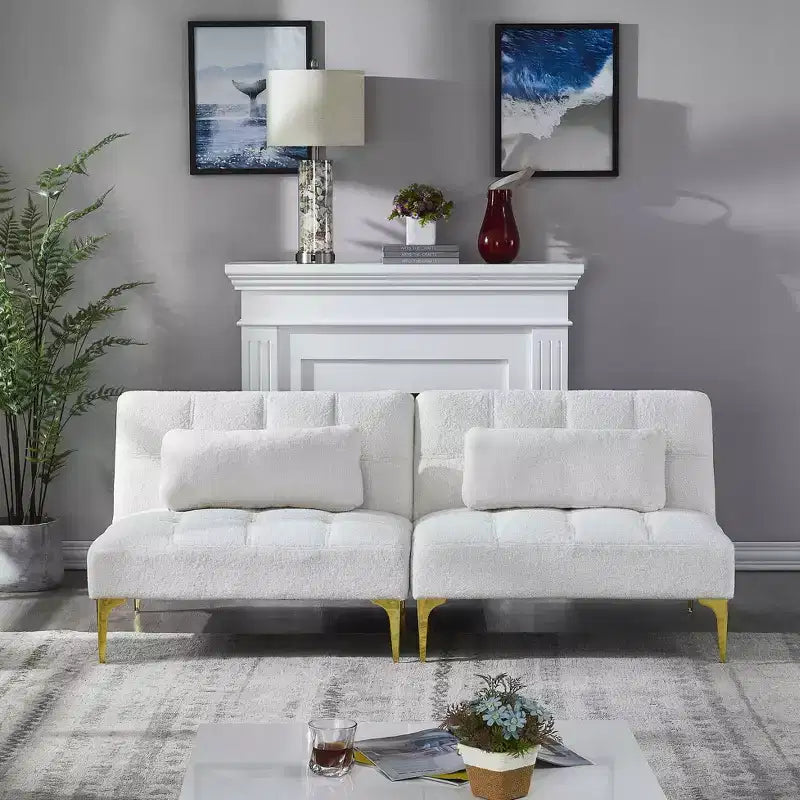 MAYEERTY Comfortable Teddy Fabric Futon Sofa Gold Metal Legs, Foam & Spring for Living Room White