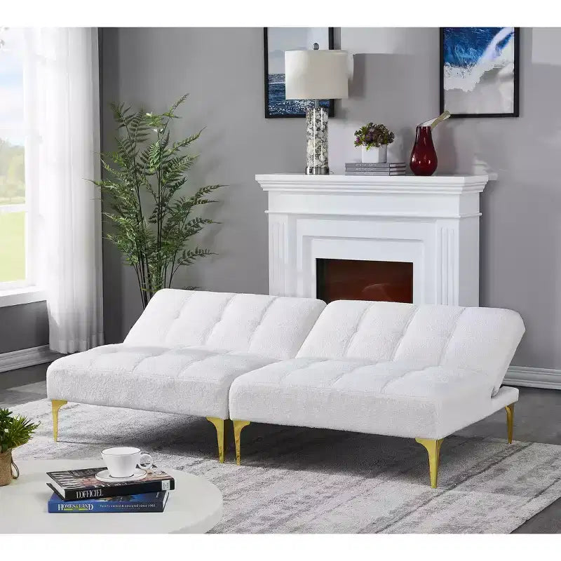 Canapé-futon confortable en tissu Teddy avec pieds en métal doré, mousse et ressorts pour salon blanc