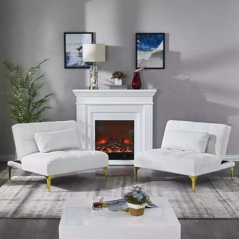 Canapé-futon confortable en tissu Teddy avec pieds en métal doré, mousse et ressorts pour salon blanc