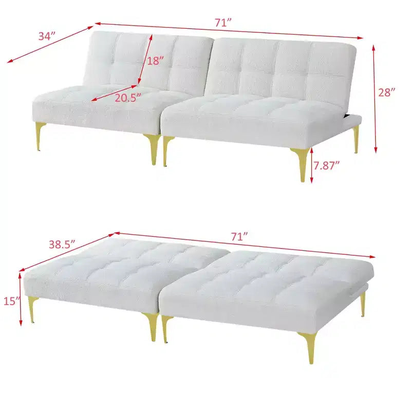 Canapé-futon confortable en tissu Teddy avec pieds en métal doré, mousse et ressorts pour salon blanc