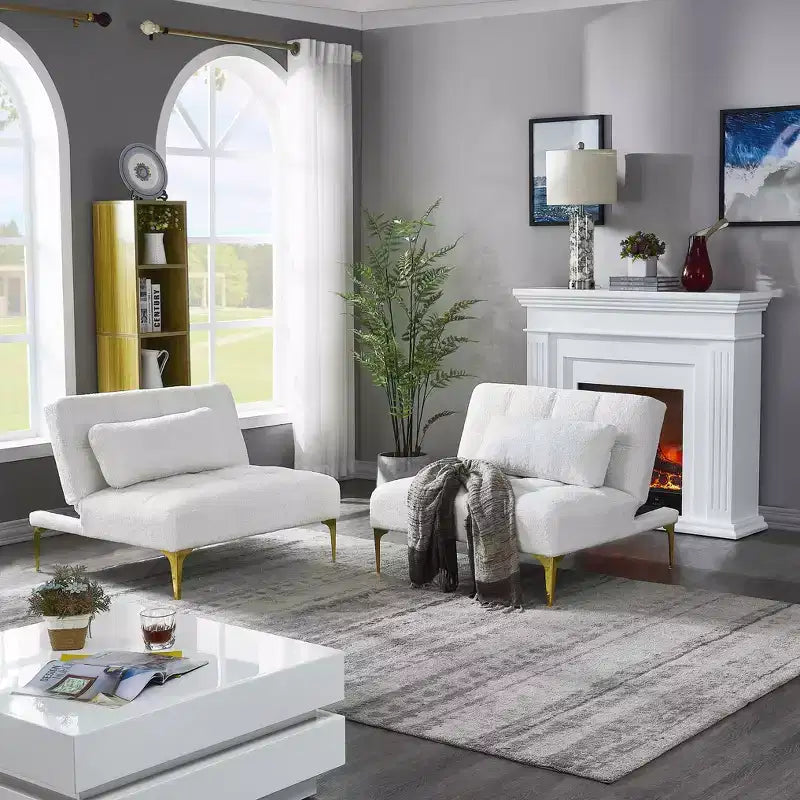 Canapé-futon confortable en tissu Teddy avec pieds en métal doré, mousse et ressorts pour salon blanc
