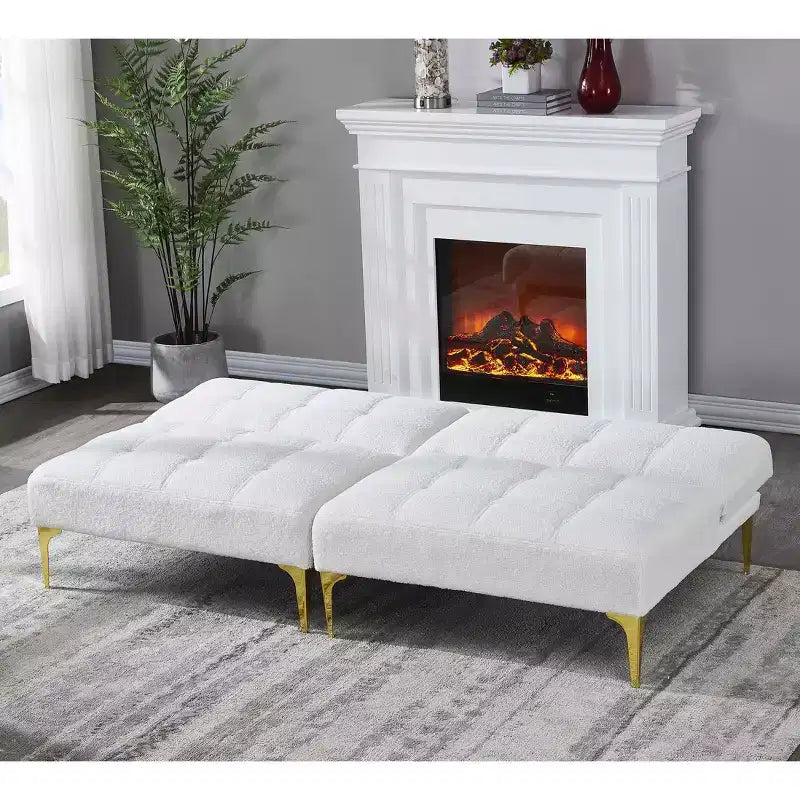Canapé-futon confortable en tissu Teddy avec pieds en métal doré, mousse et ressorts pour salon blanc