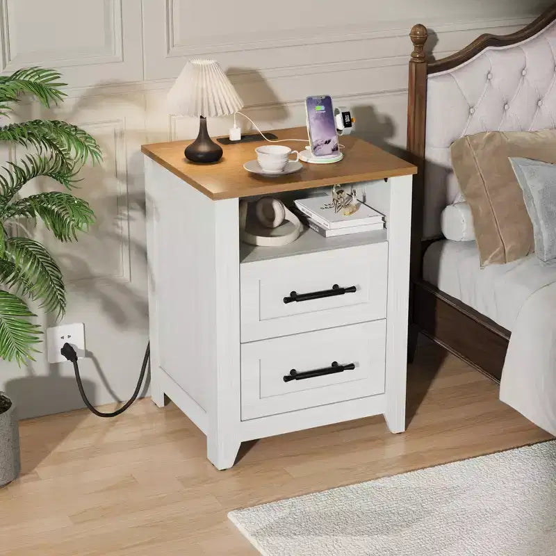 Farmhouse Nightstand with Charging Station  2 Drawers & Open Shelf, USB/Type-C/AC Outlets, End Table for Bedroom, Living Room