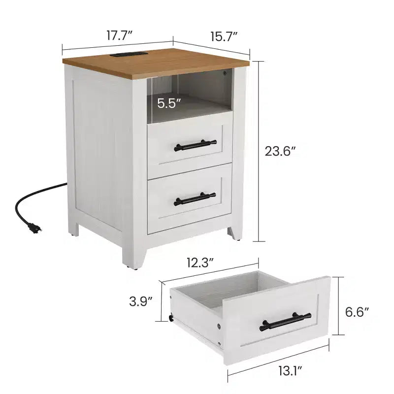 Table de chevet rustique avec station de recharge, 2 tiroirs et étagère ouverte, prises USB/Type-C/CA, table d'appoint pour chambre à coucher, salon