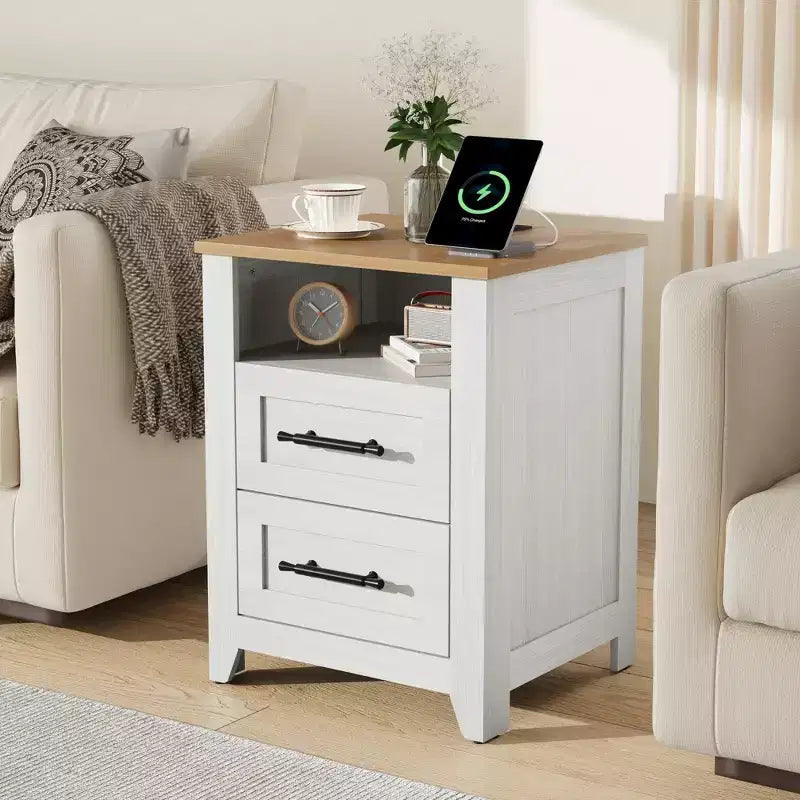 Table de chevet rustique avec station de recharge, 2 tiroirs et étagère ouverte, prises USB/Type-C/CA, table d'appoint pour chambre à coucher, salon