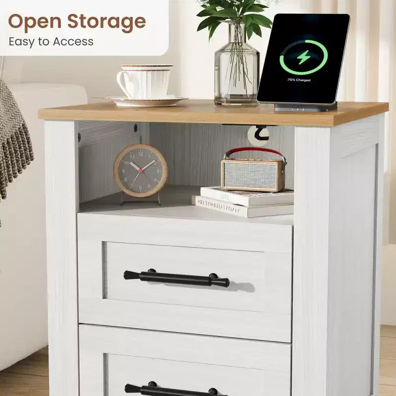 Table de chevet rustique avec station de recharge, 2 tiroirs et étagère ouverte, prises USB/Type-C/CA, table d'appoint pour chambre à coucher, salon