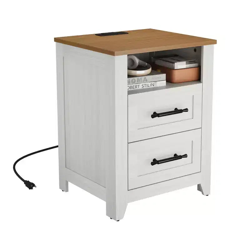 Table de chevet rustique avec station de recharge, 2 tiroirs et étagère ouverte, prises USB/Type-C/CA, table d'appoint pour chambre à coucher, salon