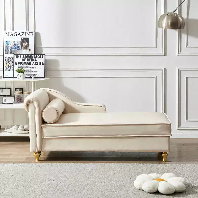 MAYEERTY Velvet Chaise Lounge Sofa with Gold Metal Legs Round Pillow for Living Room Beige