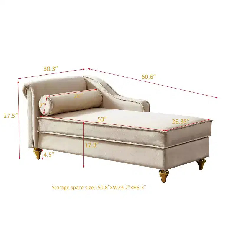Canapé-méridienne en velours avec pieds en métal doré et oreiller rond pour salon beige