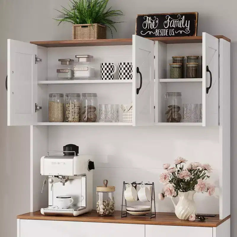 Meuble de rangement de cuisine de ferme de 71 pouces avec station de recharge, support pour micro-ondes et 2 tiroirs, grande armoire de rangement pour cuisine, salle à manger, bar à café