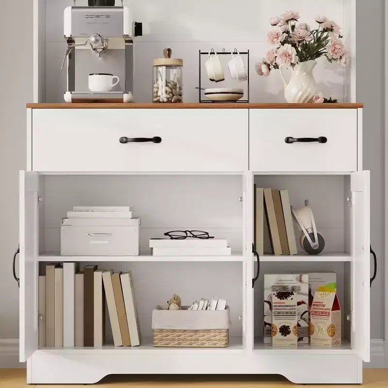 Meuble de rangement de cuisine de ferme de 71 pouces avec station de recharge, support pour micro-ondes et 2 tiroirs, grande armoire de rangement pour cuisine, salle à manger, bar à café