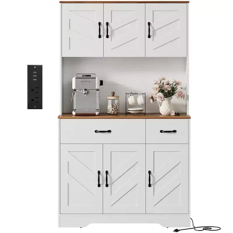 Meuble de rangement de cuisine de ferme de 71 pouces avec station de recharge, support pour micro-ondes et 2 tiroirs, grande armoire de rangement pour cuisine, salle à manger, bar à café