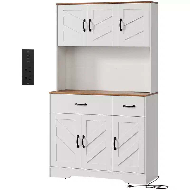 Meuble de rangement de cuisine de ferme de 71 pouces avec station de recharge, support pour micro-ondes et 2 tiroirs, grande armoire de rangement pour cuisine, salle à manger, bar à café