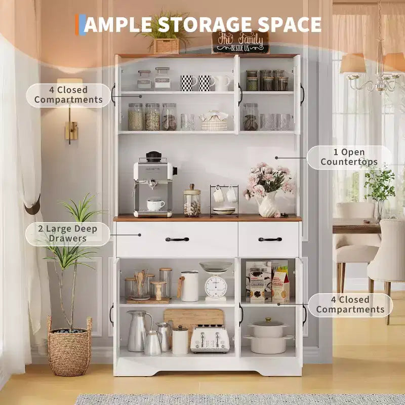 Meuble de rangement de cuisine de ferme de 71 pouces avec station de recharge, support pour micro-ondes et 2 tiroirs, grande armoire de rangement pour cuisine, salle à manger, bar à café