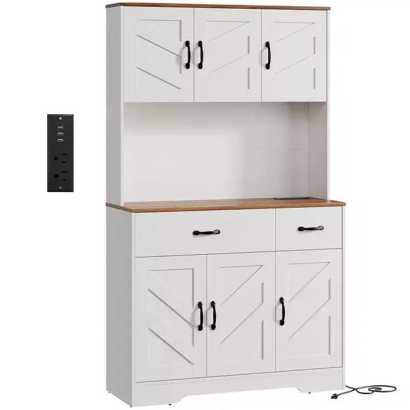 Meuble de rangement de cuisine de ferme de 71 pouces avec station de recharge, support pour micro-ondes et 2 tiroirs, grande armoire de rangement pour cuisine, salle à manger, bar à café