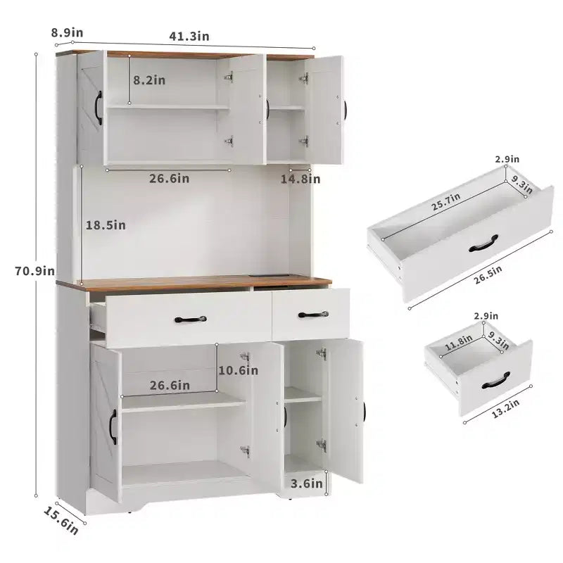 Meuble de rangement de cuisine de ferme de 71 pouces avec station de recharge, support pour micro-ondes et 2 tiroirs, grande armoire de rangement pour cuisine, salle à manger, bar à café