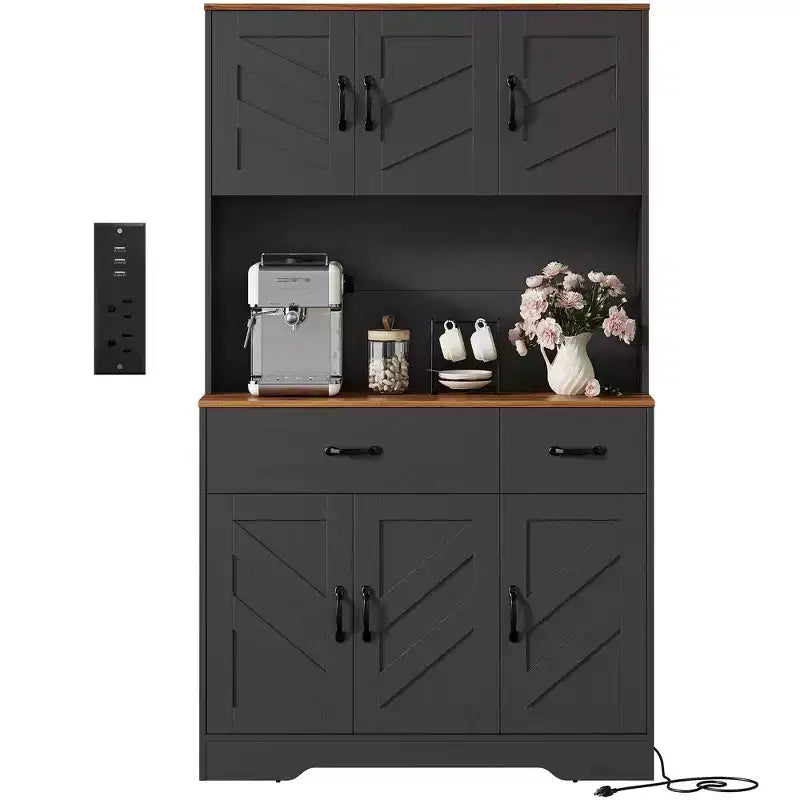 Meuble de rangement de cuisine de ferme de 71 pouces avec station de recharge, support pour micro-ondes et 2 tiroirs, grande armoire de rangement pour cuisine, salle à manger, bar à café