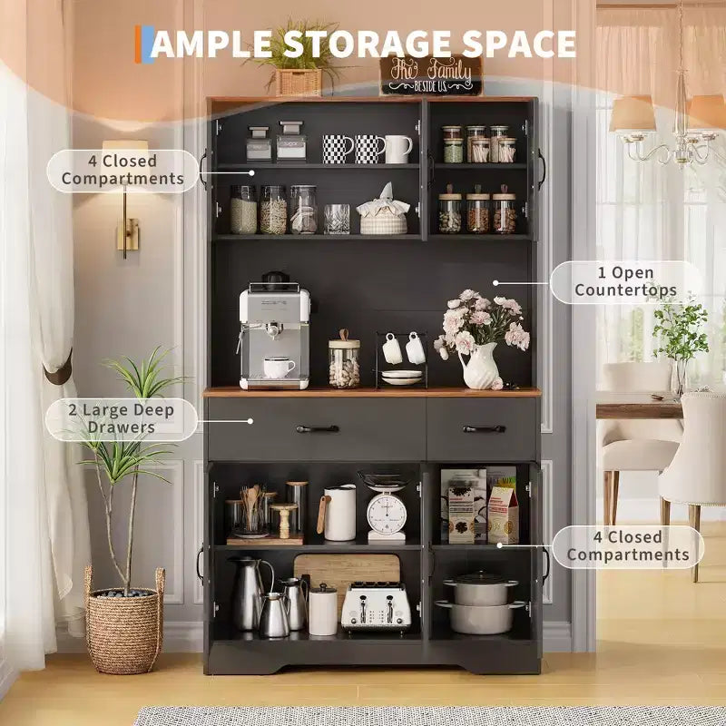 Meuble de rangement de cuisine de ferme de 71 pouces avec station de recharge, support pour micro-ondes et 2 tiroirs, grande armoire de rangement pour cuisine, salle à manger, bar à café