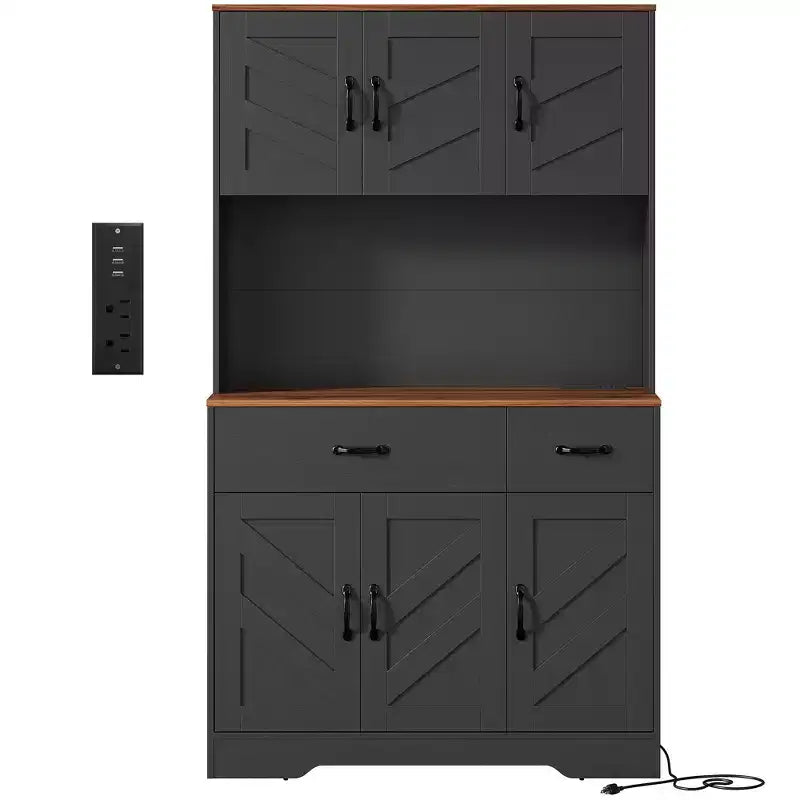 Meuble de rangement de cuisine de ferme de 71 pouces avec station de recharge, support pour micro-ondes et 2 tiroirs, grande armoire de rangement pour cuisine, salle à manger, bar à café