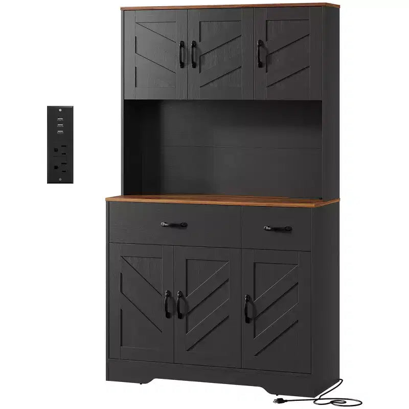 Meuble de rangement de cuisine de ferme de 71 pouces avec station de recharge, support pour micro-ondes et 2 tiroirs, grande armoire de rangement pour cuisine, salle à manger, bar à café