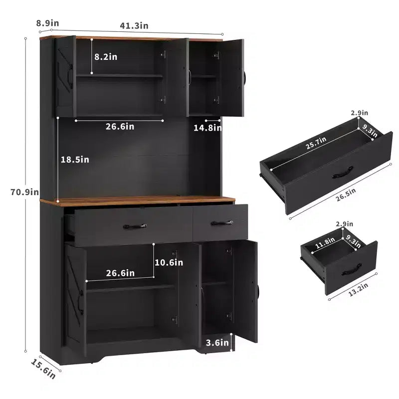 Meuble de rangement de cuisine de ferme de 71 pouces avec station de recharge, support pour micro-ondes et 2 tiroirs, grande armoire de rangement pour cuisine, salle à manger, bar à café