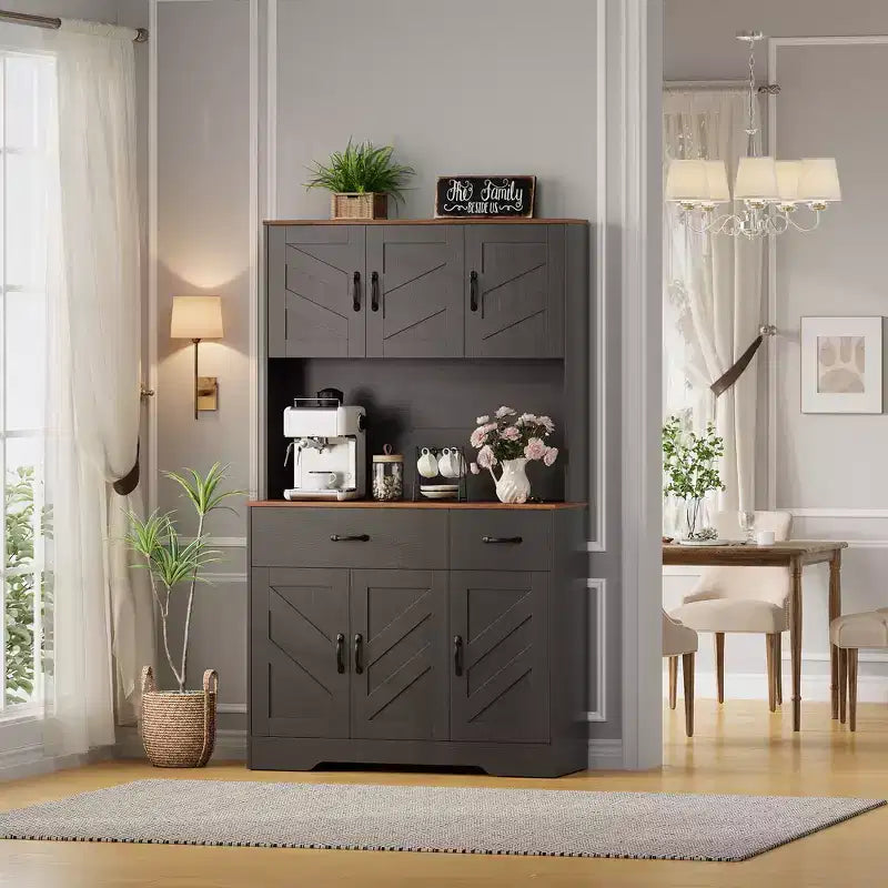71 Farmhouse Kitchen Pantry Cabinet with Charging Station, Microwave Stand & 2 Drawers, Spacious Storage Hutch for Kitchen Dining Room Coffee Bar