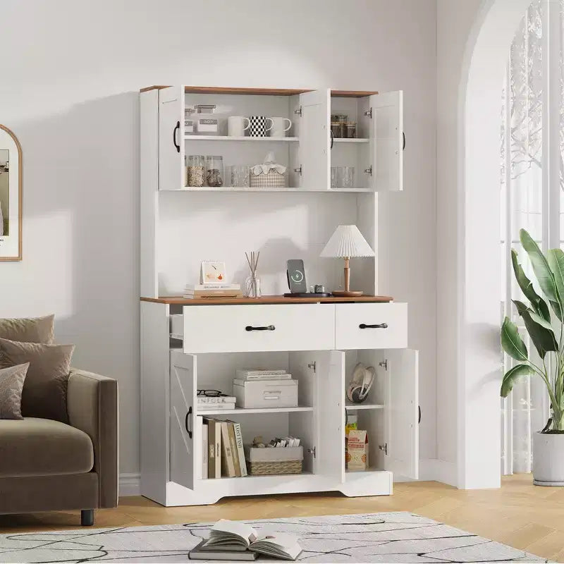 Meuble de rangement de cuisine de ferme de 71 pouces avec station de recharge, support pour micro-ondes et 2 tiroirs, grande armoire de rangement pour cuisine, salle à manger, bar à café