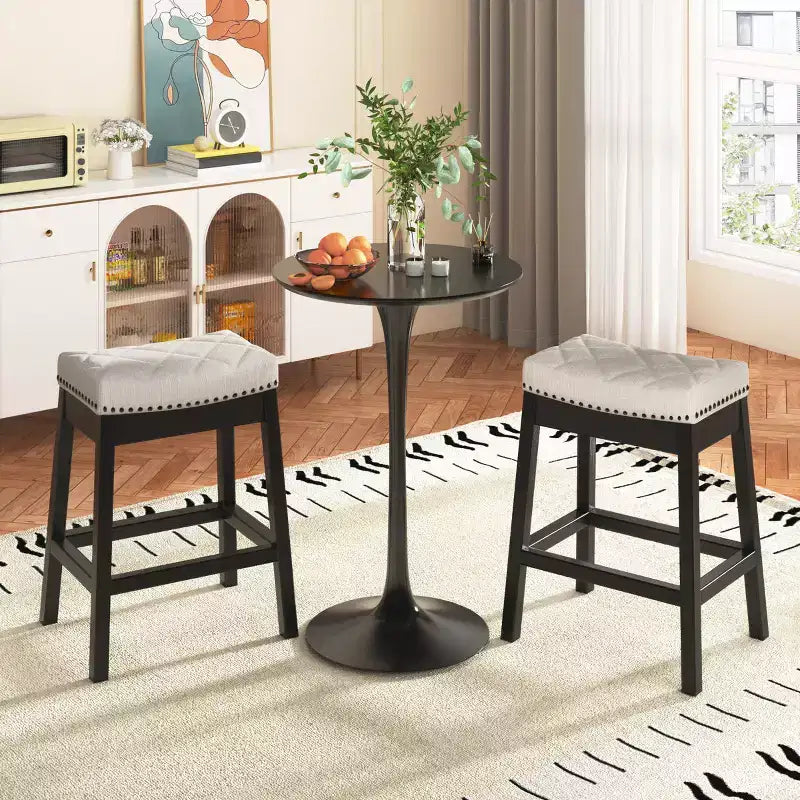 Tabouret de comptoir avec cadre en bois massif, tabouret de bar sans dossier avec assise rembourrée (lot de 2)