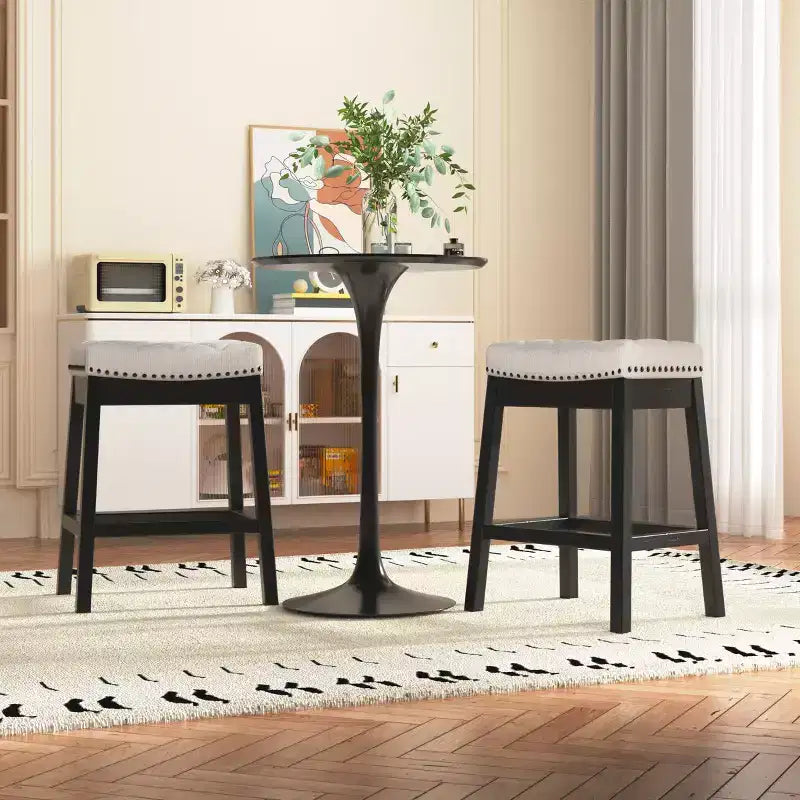 Tabouret de comptoir avec cadre en bois massif, tabouret de bar sans dossier avec assise rembourrée (lot de 2)