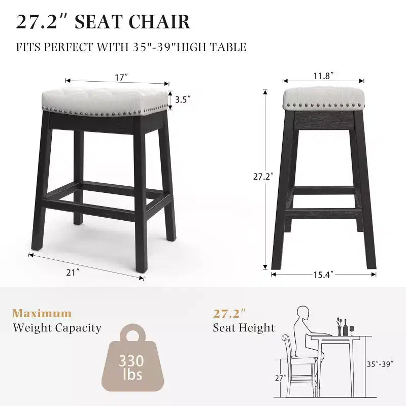 Tabouret de comptoir avec cadre en bois massif, tabouret de bar sans dossier avec assise rembourrée (lot de 2)