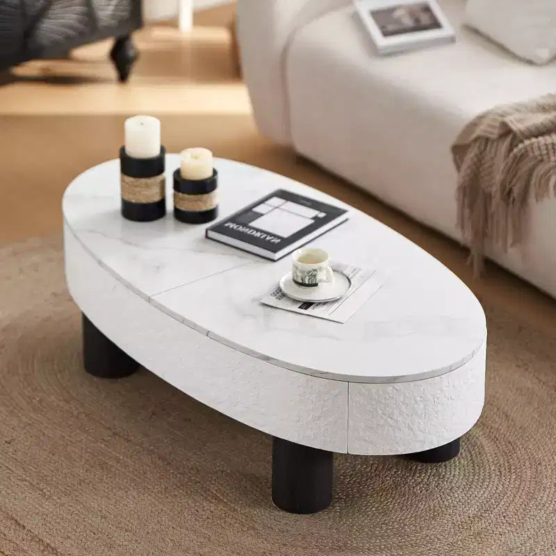 Oval Coffee Table, Marble-Look Top, Mid-Century Modern, Hidden Drawer & Storage, for Living Room Bedroom Office