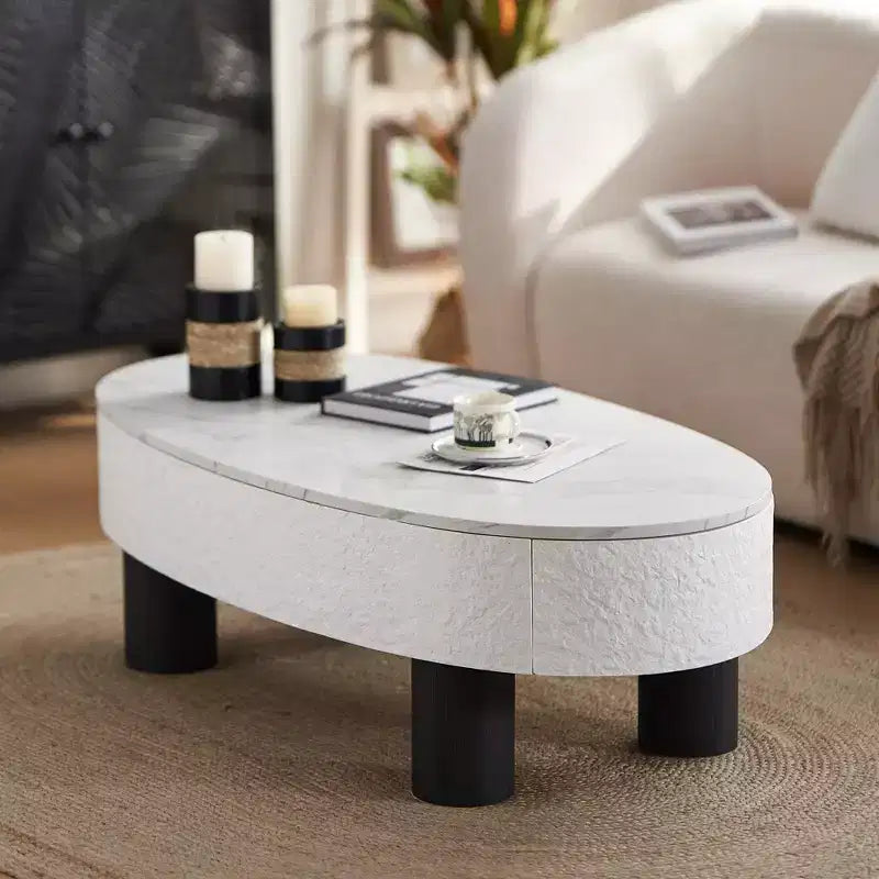 Table basse ovale, plateau effet marbre, style moderne du milieu du siècle, tiroir et rangement cachés, pour salon, chambre, bureau