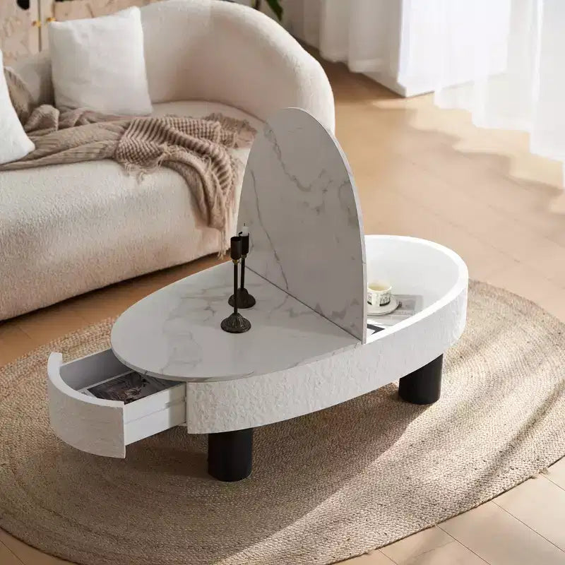 Table basse ovale, plateau effet marbre, style moderne du milieu du siècle, tiroir et rangement cachés, pour salon, chambre, bureau