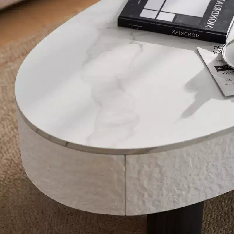 Table basse ovale, plateau effet marbre, style moderne du milieu du siècle, tiroir et rangement cachés, pour salon, chambre, bureau