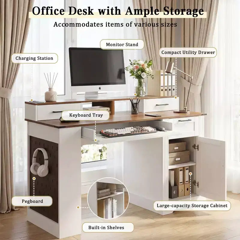 Bureau de 55" avec armoire de rangement, station de charge, bureau d'ordinateur avec support d'écran, tiroir à clavier, panneau perforé, bureau d'écriture pour l'étude et le bureau