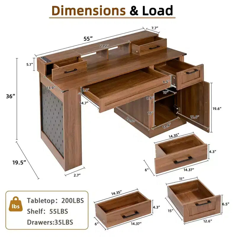 Bureau de 55" avec armoire de rangement, station de charge, bureau d'ordinateur avec support d'écran, tiroir à clavier, panneau perforé, bureau d'écriture pour l'étude et le bureau