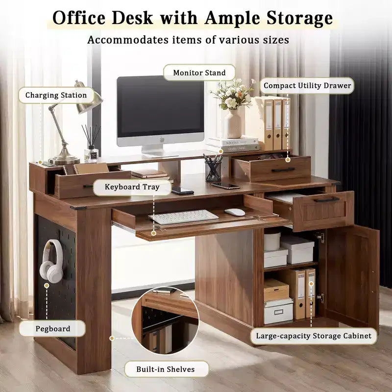 Bureau de 55" avec armoire de rangement, station de charge, bureau d'ordinateur avec support d'écran, tiroir à clavier, panneau perforé, bureau d'écriture pour l'étude et le bureau