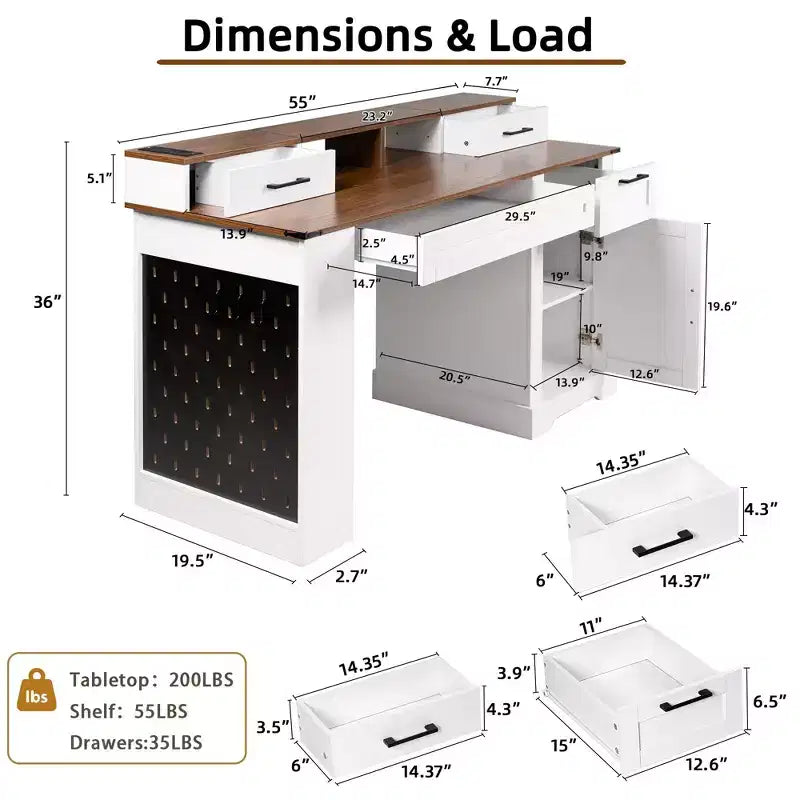 Bureau de 55" avec armoire de rangement, station de charge, bureau d'ordinateur avec support d'écran, tiroir à clavier, panneau perforé, bureau d'écriture pour l'étude et le bureau