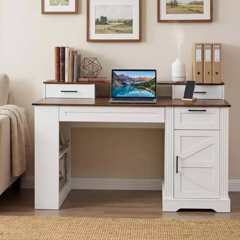 TUYOHW 55 Office Desk with Storage Cabinet,Charging Station,Computer Desk with Monitor Stand,Keyboard Tray,Pegboard,Writing Desk for Study,Office