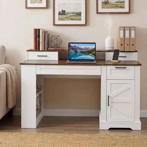 TUYOHW 55 Office Desk with Storage Cabinet,Charging Station,Computer Desk with Monitor Stand,Keyboard Tray,Pegboard,Writing Desk for Study,Office