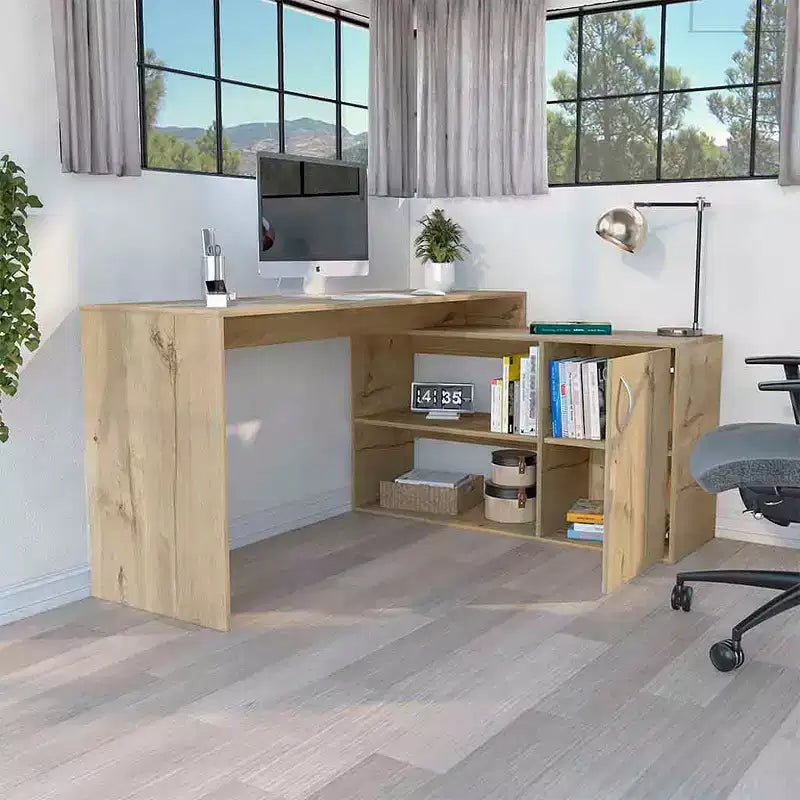 Bureau d'ordinateur moderne en L avec rangement, bureau d'angle avec étagères ouvertes et armoire, bureau avec retour à droite pour poste de travail à domicile