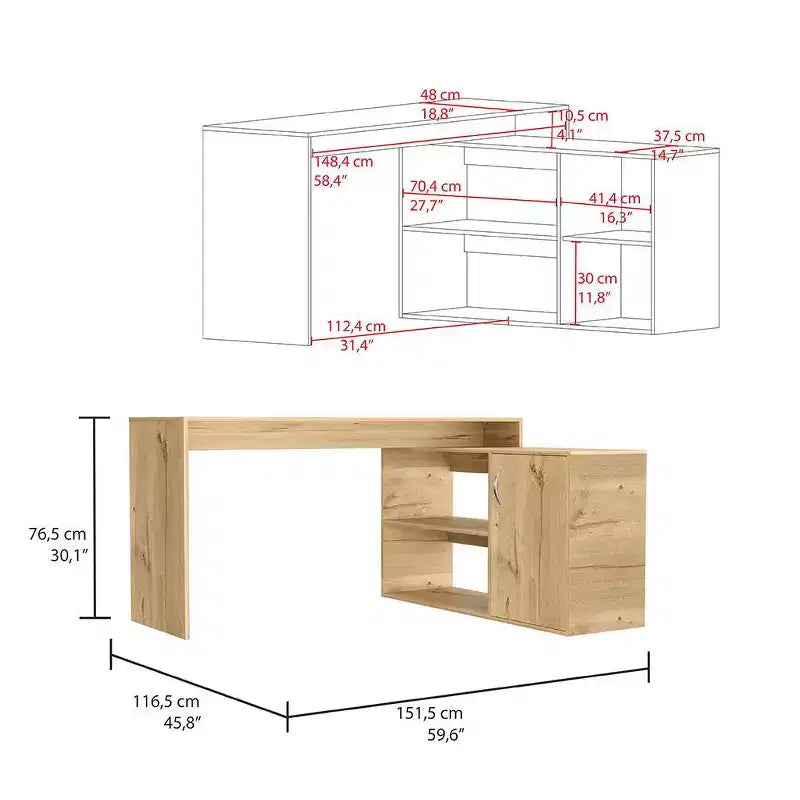 Bureau d'ordinateur moderne en L avec rangement, bureau d'angle avec étagères ouvertes et armoire, bureau avec retour à droite pour poste de travail à domicile