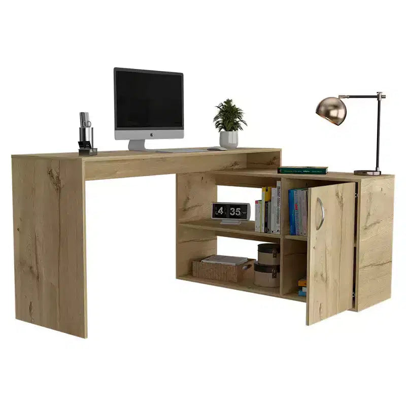 Bureau d'ordinateur moderne en L avec rangement, bureau d'angle avec étagères ouvertes et armoire, bureau avec retour à droite pour poste de travail à domicile