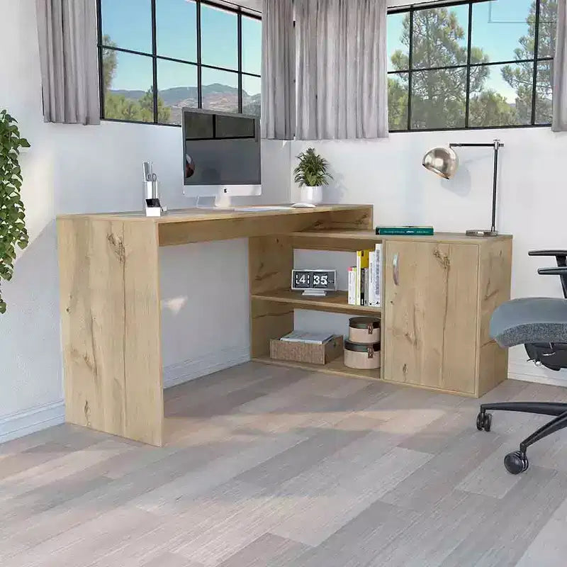 Bureau d'ordinateur moderne en L avec rangement, bureau d'angle avec étagères ouvertes et armoire, bureau avec retour à droite pour poste de travail à domicile