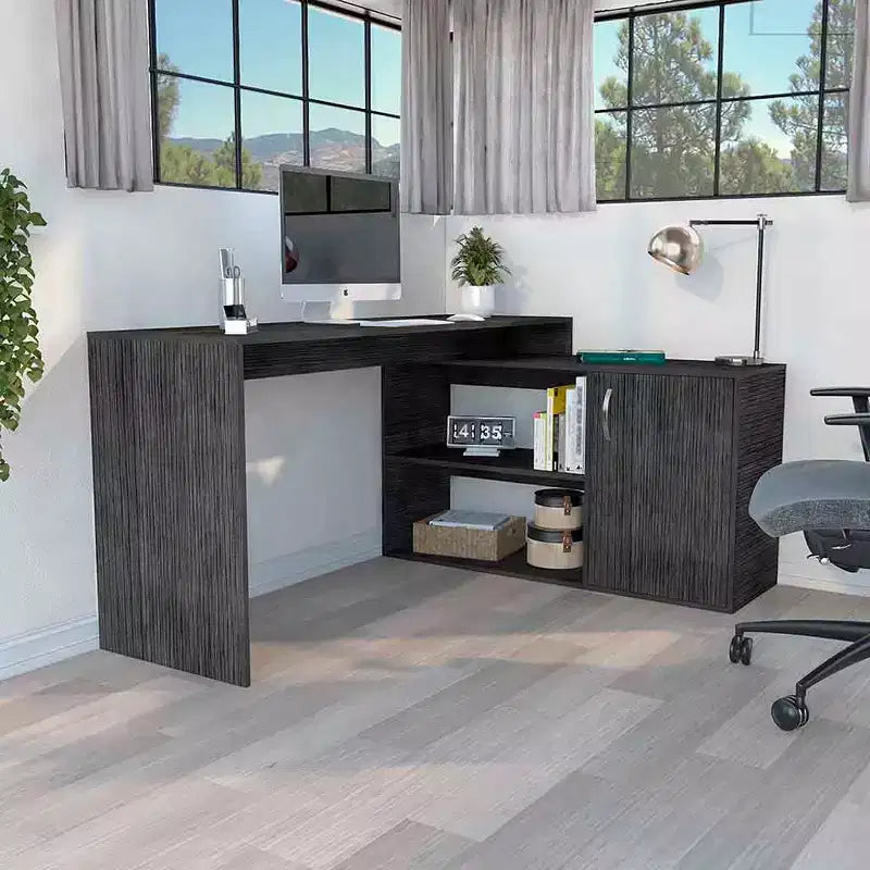 Bureau d'ordinateur moderne en L avec rangement, bureau d'angle avec étagères ouvertes et armoire, bureau avec retour à droite pour poste de travail à domicile