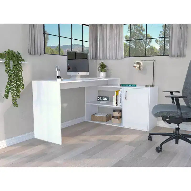 Bureau d'ordinateur moderne en L avec rangement, bureau d'angle avec étagères ouvertes et armoire, bureau avec retour à droite pour poste de travail à domicile