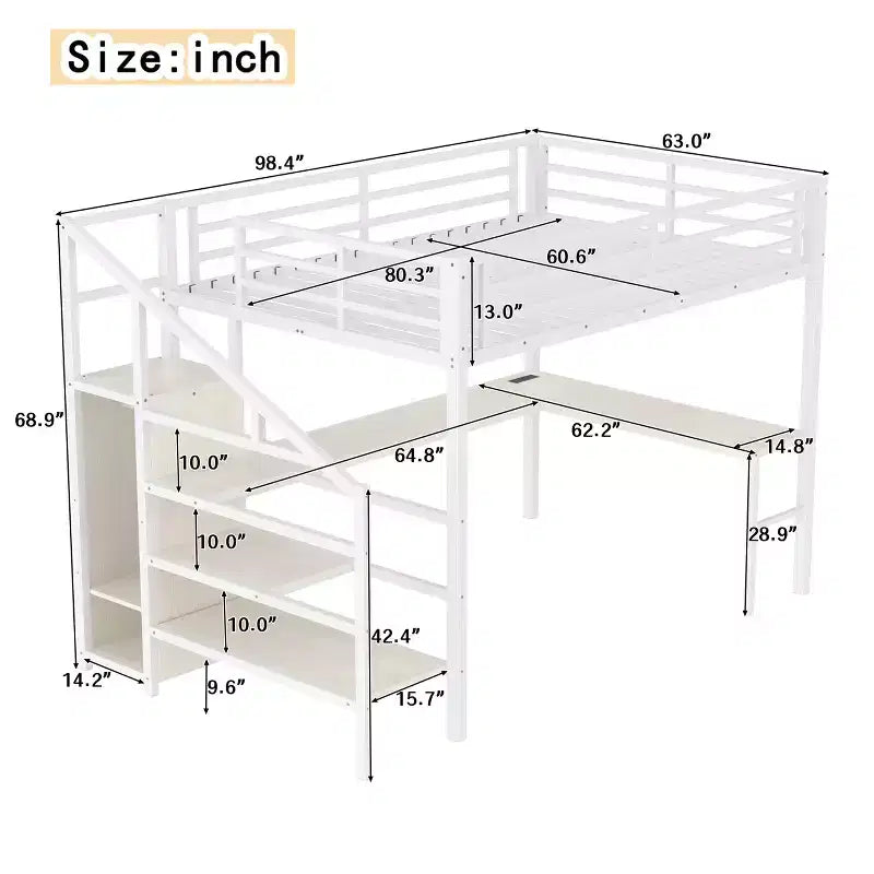 Lit mezzanine Queen avec LED, bureau en L et USB, lit mezzanine en métal avec armoire et étagère réglable pour enfants, adolescents et adultes