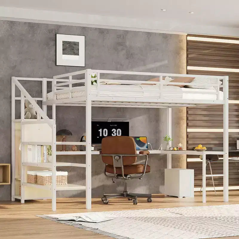 Lit mezzanine Queen avec LED, bureau en L et USB, lit mezzanine en métal avec armoire et étagère réglable pour enfants, adolescents et adultes